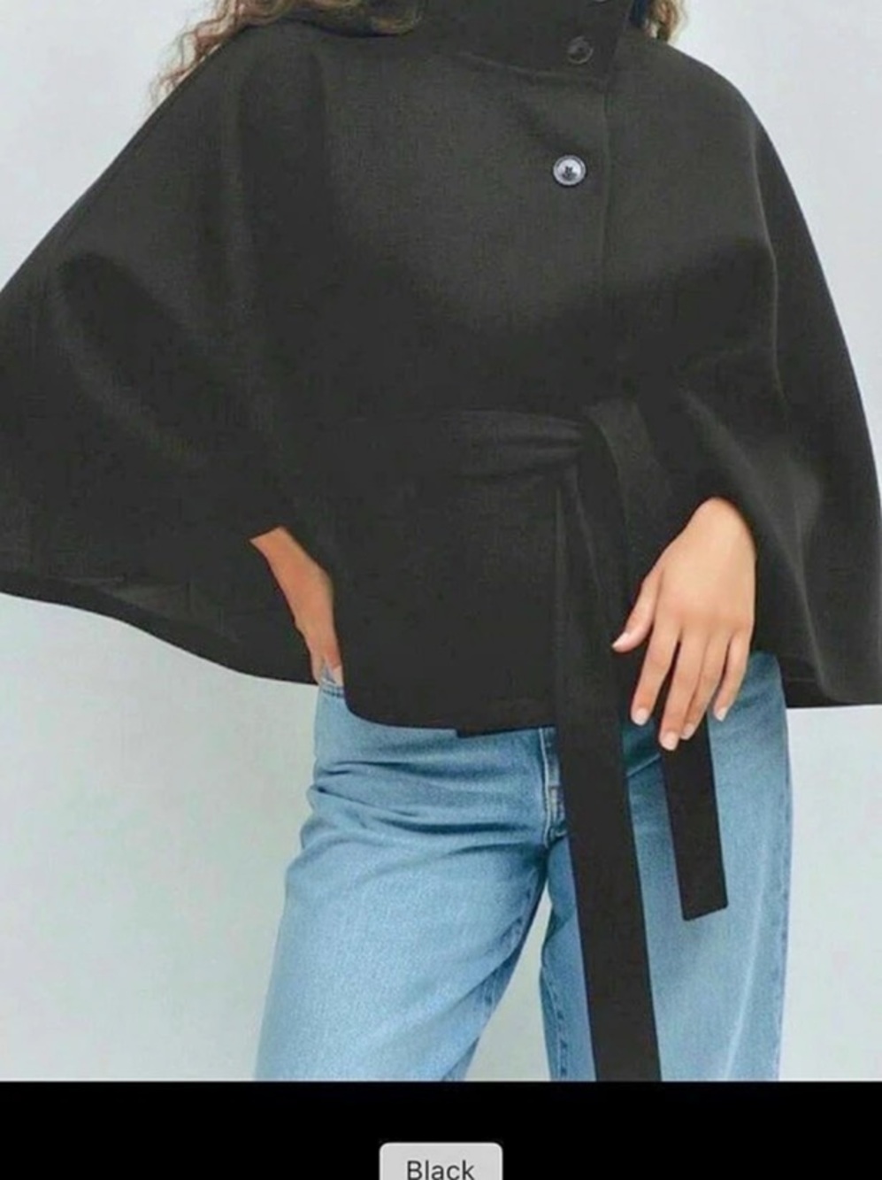 Black Button Detail Belted Cape Jacket